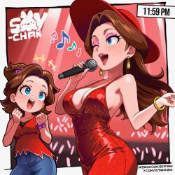  1girl artist_name bare_arms blue_eyes blue_pants bracelet breasts brown_hair cleavage collarbone donkey_kong_(series) donkey_kong_bananza dress dual_persona earrings eyeshadow fedora floating_earrings freckles gold_earrings halter_dress halterneck hat holding holding_microphone jewelry large_breasts long_hair makeup mario_(series) microphone musical_note nintendo open_mouth pants patreon_username pauline_(mario) pauline_(young)_(mario) purple_eyeshadow red_dress red_lips red_shirt shirt sleeveless sleeveless_shirt smile soyiamchan super_mario_odyssey taut_clothes taut_dress teardrop_earrings teeth twitter_username updo upper_teeth_only watermark wavy_hair web_address 
