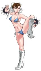 1girl adapted_costume bikini blue_bikini boots bracelet breasts brown_eyes brown_hair bun_cover capcom chun-li double_bun draxoh eyeshadow female_focus fighting_stance full_body hair_bun hair_over_one_eye highres jewelry knee_boots lace-up_boots laura_bailey leg_lift makeup navel orikasa_fumiko short_hair side-tie_bikini_bottom simple_background solo spiked_bracelet spikes standing standing_on_one_leg street_fighter swimsuit toned toned_female underboob voice_actor_connection white_boots