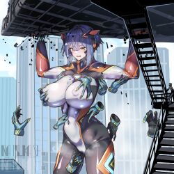  1girl absurdres artist_name blue_hair blush bodysuit breasts building cameltoe colossus_(natsukaze_shigure) covered_erect_nipples covered_navel fingering fingering_through_clothes giant giantess grabbing_another&#039;s_breast green_eyes groping highres huge_breasts impossible_bodysuit impossible_clothes large_breasts magical_girl medium_hair natsukaze_shigure nipple_rub nipple_stimulation open_mouth original short_hair skin_tight solo standing surrounded_by_hands textless_version through_clothes tickling variant_set 