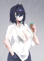  1girl absurdres black_bra black_hair blue_eyes bra bra_visible_through_clothes breasts commentary daaku_(koizumi_arata) english_commentary food hair_between_eyes hair_intakes hand_in_pocket highres holding holding_food holding_ice_cream hololive hololive_english ice_cream ice_cream_cone large_breasts medium_hair ouro_kronii parted_lips rain see-through_clothes see-through_shirt shirt solo underwear virtual_youtuber wet wet_clothes wet_hair wet_shirt white_shirt 