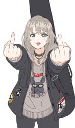  1girl animal_print black_choker black_pants black_sweater blue_eyes choker dog_print double_middle_finger dunchy girls_band_cry grey_hoodie highres hood hoodie instrument_case instrument_on_back kawaragi_momoka looking_at_viewer middle_finger pants print_hoodie simple_background solo standing sweater tongue tongue_out white_background white_hair  rating:General score:9 user:danbooru
