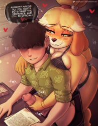  1boy 1girl animal_crossing animal_ears animal_nose bell black_bra black_panties blonde_hair bottomless bra breasts commentary dog_ears dog_girl dog_tail english_commentary english_text faceless faceless_male furry furry_female furry_with_non-furry green_eyes green_shirt hair_bell hair_ornament handjob heart heart_in_eye hetero highres indoors interspecies isabelle_(animal_crossing) jingle_bell large_breasts nintendo paid_reward_available panties parted_lips penis reach-around shirt short_sleeves speech_bubble symbol_in_eye tail uncensored underwear underwear_only whisperfoot 