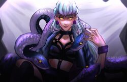  1girl anu_vix arm_support blue_jacket breasts cropped_jacket demon_girl evelynn_(league_of_legends) evil_grin evil_smile grin highres jacket k/da_(league_of_legends) k/da_all_out_evelynn league_of_legends long_hair looking_at_viewer medium_breasts open_clothes open_jacket sitting slit_pupils smile snake solo white_hair yellow_eyes 