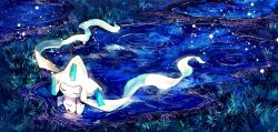  closed_eyes closed_mouth commentary_request gen_3_pokemon grass jirachi legendary_pokemon light_particles mythical_pokemon night night_sky nintendo pippi_(pixiv_1922055) pokemon pokemon_(creature) pokemon_focus puddle reflection reflective_water ripples sky smile solo standing 