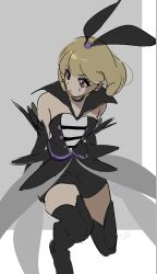  1girl bare_shoulders black_boots black_bow black_choker black_collar black_gloves black_shirt black_skirt blonde_hair boots border bow choker closed_mouth coattails collar curly_hair detached_collar dot_nose elbow_gloves expressionless eyelashes feather-trimmed_shirt full_body gloves grey_background hair_bobbles hair_bow hair_ornament happinesscharge_precure! highres looking_to_the_side marking_on_cheek medici_collar miniskirt on_one_knee outside_border pendant_choker precure queen_mirage red_eyes shipu_(gassyumaron) shirt short_hair signature skirt solo strapless strapless_shirt teardrop_facial_mark thigh_boots white_border 
