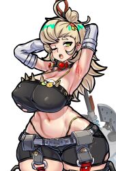  1girl absurdres alternate_breast_size armpits arms_behind_head axe battle_axe belt black_shirt black_shorts blonde_hair blush breasts cleavage close-up covered_erect_nipples cowboy_shot crop_top cropped detached_sleeves goggles goggles_around_neck green_eyes hair_bun hair_ornament highres holding holding_axe holding_weapon large_breasts long_hair midriff mold_(pixiv6616319) navel one_eye_closed open_mouth piper_wheel shirt shorts simple_background single_hair_bun sleepy solo standing sweat thick_thighs thighs torn_clothes unworn_eyewear weapon white_background white_sleeves wide_sleeves yawning zenless_zone_zero 