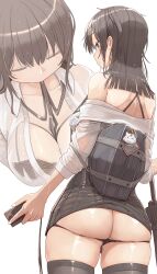 1girl ass back bag bare_shoulders black_bra black_hair black_panties black_skirt black_thighhighs black_umbrella blue_eyes bra breasts butt_crack cleavage closed_eyes closed_mouth clothes_lift collarbone female_focus genek highres large_breasts lingerie nervous_sweating open_clothes open_shirt original panties profile raised_eyebrows school_bag school_uniform see-through_clothes shiny_skin shirt short_hair simple_background skindentation skirt skirt_lift solo solo_focus standing sweat sweatdrop tagme thick_thighs thighhighs thighs umbrella underwear wet wet_clothes wet_hair wet_shirt white_background white_shirt rating:Questionable score:71 user:DrFumiya