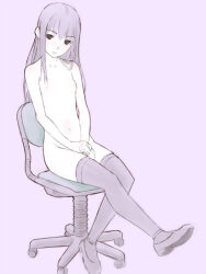  1girl bad_id bad_pixiv_id breasts chair loafers long_hair looking_at_viewer navel nipples nude office_chair original purple_background shimano_natsume shoes simple_background sitting solo swivel_chair thighhighs 