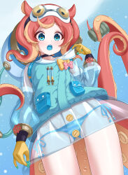  1girl :o absurdres bikini blue_background blue_bikini blue_eyes blue_shirt blue_tongue bow bowtie choker colored_tongue cup gloves gluteal_fold goggles goggles_on_head gplnbeat highres monster_girl pink_bow pink_bowtie pouch princess_connect! red_hair removing_helmet rurui_(princess_connect!) scylla see-through_clothes see-through_sleeves shirt side-tie_bikini_bottom solo standing swimsuit tentacle_hair valve water yellow_bow yellow_bowtie yellow_gloves yunomi 