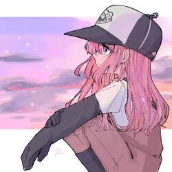  1girl baseball_cap black_gloves commentary_request gloves hat highres humanization inkling_girl inkling_player_character long_hair looking_ahead nintendo pink_eyes pink_hair rubber_gloves salmon_run_(splatoon) signature solo splatoon_(series) splatoon_3 squatting yake_zake 
