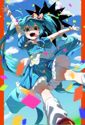  1girl @_@ alternate_costume ankle_socks apron arms_up balancing black_eyes blue_sky bow breasts buttons cloud collared_dress corrupted_twitter_file crazy_eyes crazy_smile day double-breasted dress feet_out_of_frame floating_clothes from_below hair_between_eyes hashtag-only_commentary hat hat_bow hatsune_miku highres leg_up letterboxed long_hair looking_at_viewer medium_breasts medium_dress mesmerizer_(vocaloid) nintendomylife outstretched_arms pinstripe_dress pinstripe_hat pinstripe_pattern puffy_short_sleeves puffy_sleeves red_bow sailor_collar sharp_teeth short_sleeves sky smile socks solo standing standing_on_one_leg striped_bow teeth tongue tongue_out twintails two-tone_bow very_long_hair vocaloid waist_apron white_apron white_bow white_sailor_collar white_wrist_cuffs wrist_cuffs 