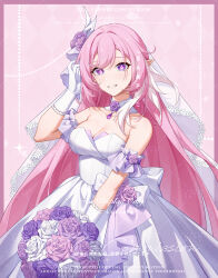  1girl absurdres bouquet bow breasts bridal_veil chinese_commentary cleavage collar commentary_request commission cowboy_shot detached_collar diamond-shaped_pupils diamond_(shape) dress dress_bow dress_flower elysia_(herrscher_of_human:_ego)_(honkai_impact) elysia_(honkai_impact) flower frilled_armlet highres holding holding_bouquet honkai_(series) honkai_impact_3rd long_hair looking_at_viewer neck_flower partial_commentary pink_hair pointy_ears purple_eyes purple_flower purple_rose rose smile solo strapless strapless_dress symbol-shaped_pupils tucking_hair tujiu_sama veil very_long_hair watermark wedding_dress white_background white_bow white_collar white_dress white_flower white_rose white_veil 