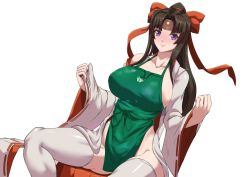  1boy absurdres apron black_hair blush breasts closed_mouth collared_shirt hakama headband highres iced_latte_with_breast_milk_(meme) japanese_clothes kimono large_breasts long_hair long_sleeves looking_at_viewer meme miko musha_miko_tomoe nearly_naked_apron no_panties parted_bangs ponytail purple_eyes queen&#039;s_blade red_hakama shirt simple_background smile thighhighs tomoe_(queen&#039;s_blade) tomoe_(queen&#039;s_blade_unlimited) tomoe_(queen's_blade) torahime_(roland00) undressing white_kimono white_thighhighs wide_sleeves 