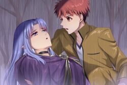  1boy 1girl alternate_universe commission emiya_shirou fate/stay_night fate_(series) grey_sky higashibara_n highres homurabara_academy_school_uniform medea_(caster)_(fate) medea_(fate) orange_hair outdoors overcast pointy_ears purple_lips rain red_hair school_uniform second-party_source shirt sky storm wet wet_clothes wet_hair wet_shirt 