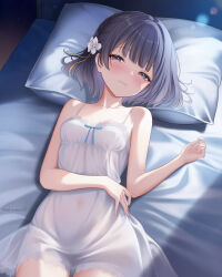  1girl akiei bed_sheet blunt_bangs blush breasts chemise collarbone commentary_request gakuen_idolmaster hataya_misuzu highres idolmaster lace-trimmed_chemise light_smile looking_at_viewer lying mole mole_under_mouth on_back pillow see-through_chemise see-through_clothes short_hair small_breasts solo thighs white_chemise 