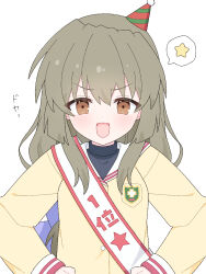  1girl brown_eyes clannad dot_nose green_hair hands_on_own_hips haruchimo hat highres hikarizaka_private_high_school_uniform ibuki_fuuko long_hair open_mouth party_hat pom_pom_hat_ornament sailor_collar sash school_uniform shirt shoulder_sash sidelocks smile solo spoken_star star_(symbol) translation_request turtleneck upper_body white_sailor_collar yellow_shirt 