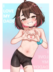  1girl bandaid bandaid_on_leg blue_background blush brown_eyes brown_hair choker covering_breasts covering_privates eyebrows_visible_through_hat fangs flat_chest gemba_(dlfms75) hair_between_eyes hair_ornament hair_ribbon heart heart_choker heart_hair_ornament heart_hands highres loli looking_at_viewer mole mole_under_eye multicolored_hair navel original pantyhose pink_background pink_hair ribbon scrunchie see-through_pantyhose short_hair simple_background smile solo text_background white_background wrist_scrunchie 