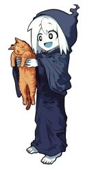  1girl animal barefoot black_cloak black_eyes black_robe cat cloak colored_skin commentary death_(entity) english_commentary full_body grim_reaper highres holding holding_animal holding_cat hood hood_up hooded_cloak original robe satanmanse short_hair simple_background skull-shaped_pupils solo standing symbol-shaped_pupils white_background white_hair white_skin 