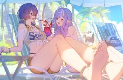  106bbkwii 2girls ahoge anklet bandana bandana_around_neck bangboo_(zenless_zone_zero) bare_legs barefoot belle_(summer_skies)_(zenless_zone_zero) belle_(zenless_zone_zero) bikini bikini_top_under_shirt bikini_under_clothes bikini_under_shorts black_nails blue_hair blush bracelet crop_top cup drill_hair drinking_glass drinking_straw eous_(zenless_zone_zero) feet foreshortening green_eyes hair_ornament holding holding_cup jewelry legs letter_hair_ornament long_hair lying multicolored_hair multiple_girls necklace off-shoulder_shirt off_shoulder official_alternate_costume on_back open_mouth orange_bandana orange_bikini orange_shorts outdoors pointy_ears purple_hair red_eyes see-through_clothes see-through_shirt shirt short_hair short_twintails shorts sitting smile soles streaked_hair sunglasses swimsuit tied_shirt toes twintails vivian_banshee white_hair white_shirt zenless_zone_zero 