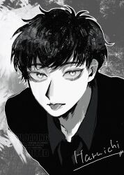  1boy :p abstract_background absurdres character_name collared_shirt commentary futsuu_no_keion-bu greyscale highres ink_1353 jacket looking_at_viewer male_focus mizuo_haruichi monochrome necktie official_alternate_costume outline shirt short_hair solo suit_jacket symbol-only_commentary tongue tongue_out tsurime upper_body watermark white_outline 