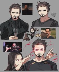  &gt;_&lt; 1boy 1girl absurdres alcohol animification arms_up avengers:_age_of_ultron avengers_(series) axe black_eyes black_hair black_jacket black_nails black_necktie black_pants black_shirt black_shoes brown_hair chjjlold closed_eyes closed_mouth clothes_around_waist collared_shirt commentary_request covered_mouth cup derivative_work drinking_glass elizabeth_olsen facial_hair fingernails grey_background hands_up highres holding holding_axe holding_cup jacket korean_commentary lapels long_hair long_sleeves looking_at_another looking_at_viewer marvel marvel_cinematic_universe mind_control multiple_views nail_polish necktie pants red_eyes robert_downey_jr. screenshot_redraw shirt shoes short_hair simple_background smile standing standing_on_one_leg suit_jacket sweatdrop teeth tony_stark upper_body wanda_maximoff 