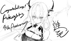  1girl anniversary arknights bare_shoulders black_dress black_horns blush breasts dress highres horns modare monochrome surtr_(arknights) 