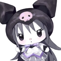  1girl :o akemi_homura akemi_homura_(cosplay) animal_ears annoyed black_eyes black_hair black_hood black_shirt bow bowtie chibi chibikemo cosplay cowboy_shot detached_hood dress ear_covers eyelashes frilled_skirt frills furry furry_female grey_skirt hair_through_hood highres hood hood_up kuromi layered_sleeves liangqi_shi light_blush long_hair long_sleeves magical_girl mahou_shoujo_madoka_magica miniskirt onegai_my_melody open_mouth pleated_skirt purple_bow purple_bowtie sanrio shirt shirt_under_dress short_dress signature simple_background skirt skirt_under_dress skull_print solid_oval_eyes solo straight_hair v-shaped_eyes very_long_hair white_background white_dress 