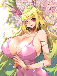  1girl :d ahoge armpit_crease bare_shoulders blonde_hair blush bracelet breasts cherry_blossoms cleavage collarbone covered_navel dress feathered_wings flower gigantic_breasts gold_armlet gradient_hair gradient_wings green_hair green_wings halterneck head_wings highres jewelry long_hair looking_at_viewer multicolored_hair multicolored_wings nail_polish open_mouth original pink_dress pink_flower pink_nails pink_wings pixiv_id red_eyes shiny_skin signature simple_background smile solo steepled_fingers strap_gap swept_bangs teeth tongue twitter_username two-tone_hair two-tone_wings umigarasu_(kitsune1963) upper_body upper_teeth_only very_long_hair white_background wings 