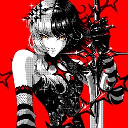  1girl absurdres baladasathar closed_mouth commentary dress english_commentary highres holding holding_sword holding_weapon hololive hololive_english long_hair looking_at_viewer orange_eyes partially_colored red_background shiori_novella solo striped_arm_warmers sword virtual_youtuber weapon 