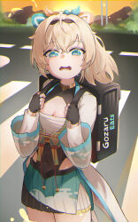  1girl absurdres aqua_eyes backpack bag blonde_hair chegoda chest_sarashi covered_navel crosswalk fingerless_gloves gloves haori highres hololive japanese_clothes kazama_iroha kazama_iroha_(1st_costume) miniskirt ponytail sarashi skirt sunset tearing_up virtual_youtuber wavy_mouth 