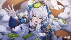  bitter_melon blue_eyes blue_veil braid chain copyright_logo copyright_name cross dumpling earrings eyeliner food gloves hair_between_eyes highres honkai_(series) honkai_impact_3rd jewelry light_blush long_hair long_sleeves low-braided_long_hair low-tied_long_hair makeup meme official_art one_eye_closed open_mouth outstretched_arm stuck teri_derp_(meme) theresa_apocalypse theresa_apocalypse_(astralop) veil white_gloves white_hair 