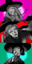  3girls ba2_ml blunt_bangs body_markings braid braided_ponytail choker commentary earrings fingerless_gloves fingernails freckles gat_(hat) gloves green_background hat highres jewelry kpop_demon_hunters long_fingernails long_hair looking_at_viewer mira_(kpop_demon_hunters) multiple_girls open_mouth pink_background red_background ring rumi_(kpop_demon_hunters) short_bangs sidelocks smile upper_body zoey_(kpop_demon_hunters) 