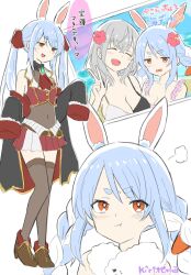  2girls :d ^_^ animal_ear_fluff animal_ears bare_shoulders bikini black_bikini black_jacket blue_hair blush boots braid breasts brown_boots brown_leotard carrot_hair_ornament cleavage closed_eyes commentary_request cosplay covered_navel cropped_jacket flower food-themed_hair_ornament grey_hair grey_thighhighs hair_flower hair_ornament hair_ribbon hand_up head_tilt highres hololive houshou_marine houshou_marine_(1st_costume) houshou_marine_(cosplay) jacket kiritoma large_breasts leotard leotard_under_clothes long_sleeves multicolored_hair multiple_girls open_clothes open_jacket open_mouth orange_eyes pink_bikini pink_flower pleated_skirt rabbit-shaped_pupils rabbit_ears red_jacket red_ribbon red_skirt ribbon shirogane_noel signature simple_background skirt sleeveless sleeveless_jacket sleeves_past_fingers sleeves_past_wrists smile swimsuit symbol-shaped_pupils thighhighs translation_request twin_braids twintails two-tone_hair usada_pekora usada_pekora_(1st_costume) virtual_youtuber w white_background white_bikini white_hair 