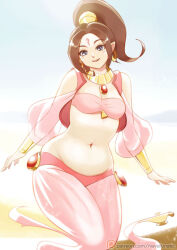  1girl bandeau breasts cleavage commentary earrings english_commentary genie ghost_tail hair_behind_ear hoop_earrings jewelry lamp long_hair looking_at_viewer midriff navel navellunatic original parted_lips patreon_logo pink_bandeau pink_vest ponytail small_breasts smile solo vest watermark web_address 