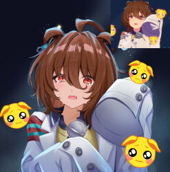  1girl absurdres agnes_tachyon_(umamusume) ahoge animal_ears black_necktie black_shirt brown_hair chemical_structure coat collared_shirt crying crying_with_eyes_open ear_ornament earrings ears_down game_screenshot_inset hair_between_eyes hands_up higeji_(higeji404) highres holding holding_microphone horse_ears horse_girl jewelry lab_coat looking_at_viewer medium_hair microphone necktie open_clothes open_coat red_eyes reference_inset shirt short_necktie single_earring sleeves_past_fingers sleeves_past_wrists solo stage_lights star_(symbol) tears umamusume variant_set white_coat 