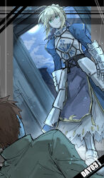  1boy 1girl ahoge are_you_my_master armor armored_dress artoria_pendragon_(fate) blonde_hair blue_dress braid braided_bun cuirass dress dutch_angle emiya_shirou fate/stay_night fate_(series) gauntlets hair_bun hair_ribbon highres homurabara_academy_school_uniform juliet_sleeves kankan33333 long_sleeves moon orange_hair puffy_sleeves ribbon sabaton saber_(fate) scene_reference school_uniform 