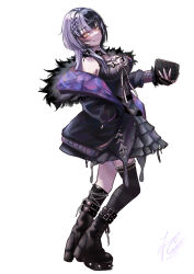  1girl absurdres black_boots black_choker black_coat black_dress black_hair black_thighhighs book boots breasts choker cleavage closed_mouth coat dress fur-trimmed_coat fur_trim grey_hair highres holding holding_book hololive hololive_english large_breasts long_hair looking_at_viewer multicolored_hair ribbon shiori_novella shiori_novella_(1st_costume) simple_background single_thighhigh smile solo split-color_hair striped_clothes striped_thighhighs thighhighs two-tone_hair virtual_youtuber white_background white_ribbon yellow_eyes yorick_(shiori_novella) zolomon_(jarvis_lin) 