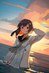  1girl black_sailor_collar brown_eyes brown_hair dress dutch_angle flower grey_neckerchief hair_flower hair_ornament highres kantai_collection kokudou_juunigou long_sleeves looking_at_viewer neckerchief sailor_collar sailor_dress short_hair solo sunset wading water white_dress yukikaze_(kancolle) yukikaze_kai_ni_(kancolle) 