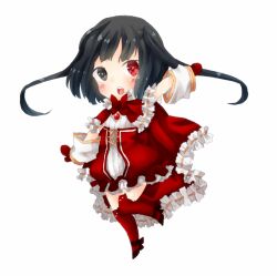  1girl black_eyes black_hair blush bow bowtie cape chibi chibi_only commentary_request dress full_body heterochromia looking_at_viewer meiko_(nattu303) mittens open_mouth ragnarok_online red_bow red_bowtie red_cape red_eyes red_mittens red_thighhighs ribbon-trimmed_cape short_hair simple_background smile solo standing standing_on_one_leg thighhighs warlock_(ragnarok_online) white_background white_dress 