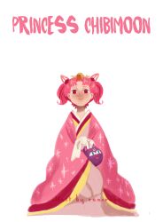  1girl alternate_costume artist_name bishoujo_senshi_sailor_moon chibi_usa commentary english_commentary full_body highres japanese_clothes kimono layered_kimono looking_at_viewer luna-p pink_hair red_eyes renareve short_twintails smile solo twintails 