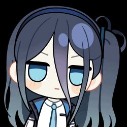  1girl :| animated animated_gif aqua_eyes aqua_necktie aris_(blue_archive) black_background black_jacket blue_archive blue_hair blue_hairband blue_jacket blush_stickers chibi chunye_haruya closed_mouth collared_shirt d: dot_nose hair_between_eyes hairband jacket jitome long_bangs long_hair long_hair_between_eyes looking_at_viewer lowres multicolored_jacket necktie no_pupils one_side_up open_clothes open_jacket open_mouth parted_lips school_uniform second-party_source shirt simple_background solo transparent_background upper_body white_jacket white_shirt 