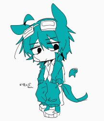  1boy ahoge animal_ears aqua_hair black_eyes converse creature_and_personification cyan_(horse_race_tests) detached_ahoge frown goggles goggles_on_head highres horse_boy horse_ears horse_race_tests horse_tail looking_down looking_to_the_side male_focus personification short_hair simple_background solo tail teaparty139 track_suit white_background 
