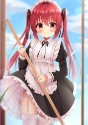 1girl apron black_dress black_ribbon blue_sky blush choppy_bangs closed_mouth clothes_lift collared_apron commentary_request cowboy_shot day dress dress_lift fingernails frilled_apron frilled_dress frills garter_straps hair_between_eyes hair_intakes hair_ribbon highres hiragana_iroiro holding long_bangs long_hair long_sleeves looking_at_viewer maid_apron maid_headdress neck_ribbon original panties panty_peek red_eyes red_hair ribbon side-tie_panties sky smile solo standing straight-on thighhighs twintails underwear white_apron white_garter_straps white_panties white_thighhighs wind wind_lift wing_collar 