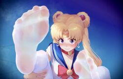  1girl bishoujo_senshi_sailor_moon bishoujo_senshi_sailor_moon_s blonde_hair blue_eyes blue_sailor_collar blush choker circlet closed_mouth collarbone crescent crescent_earrings derivative_work dirty dirty_feet double_bun earrings feet foot_focus greek_toe hair_bun hair_ornament heart heart_choker highres icecake jewelry legs_up long_hair magical_girl meme no_shoes pantyhose photoshop_(medium) red_choker sailor_collar sailor_moon sailor_moon_redraw_challenge_(meme) sailor_senshi_uniform screenshot_redraw seamed_legwear soles solo spread_toes steam steaming_body toe_seam toes tsukino_usagi twintails upper_body white_pantyhose 