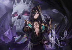  1girl bangle black_hair black_shirt bracelet breasts breasts_apart bridal_gauntlets center_opening cloak commission ghost glowing glowing_eyes granblue_fantasy grin hair_over_one_eye hand_up highres holding holding_staff hood hood_up hooded_cloak jewelry lich_(granblue_fantasy) long_hair looking_at_viewer mizoshi-x purple_eyes purple_nails sharp_teeth shawl shirt skull small_breasts smile solo staff teeth turtleneck upper_body 