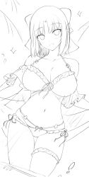  1girl bikini blush bow breasts cleavage commentary greyscale hair_bow highres large_breasts looking_at_viewer medium_hair monochrome navel open_mouth outstretched_arms senran_kagura senran_kagura_shinovi_versus sketch smile solo spread_arms swimsuit unfinished yaegashi_nan yumi_(senran_kagura) 