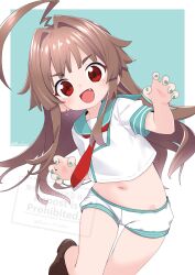  1girl :d ahoge aqua_background aqua_sailor_collar artist_name blush brown_hair brown_shoes claw_pose commentary_request copyright_notice crop_top cropped_shirt dot_nose earrings english_text fang fingerless_gloves gloves green_nails hair_intakes hands_up heart_lock_(kantai_collection) huge_ahoge jewelry kantai_collection kuma_(kancolle) long_hair looking_at_viewer midriff nail_polish nassukun navel neckerchief open_mouth red_eyes red_neckerchief sailor_collar school_uniform serafuku shoes short_shorts short_sleeves shorts simple_background single_earring smile solo standing standing_on_one_leg straight_hair twitter_username two-tone_background v-shaped_eyebrows watermark white_background white_shorts 