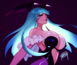  1girl bare_shoulders breasts bridal_gauntlets cleavage covered_erect_nipples darkstalkers demon_girl elbow_gloves feather_boa female_focus gloves green_hair head_wings large_breasts leotard lips long_hair morrigan_aensland nose pantyhose purple_pantyhose robaato signature slit_pupils solo strapless strapless_leotard veins veiny_breasts wings yellow_eyes  rating:Questionable score:54 user:danbooru