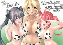  &gt;;d 3girls :d ;d \m/ absurdres ahoge alternate_costume animal_print armpits asymmetrical_docking azur_lane bare_shoulders bikini black_ribbon blonde_hair blue_eyes blush breast_press breasts california_(azur_lane) cleavage collarbone cow_print cow_print_bikini dark-skinned_female dark_skin english_text gradient_background green_background grey_hair grin hair_horns hair_ornament hair_ribbon highres large_breasts long_hair looking_at_viewer medium_hair multicolored_hair multiple_girls navel one_eye_closed open_mouth print_bikini purple_eyes red_hair ribbon san_diego_(azur_lane) san_francisco_(azur_lane) sidelocks signature smile streaked_hair string_bikini swept_bangs swimsuit take_your_pick thank_you twintails upper_body ura_tomoya v wink 