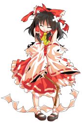  1girl alphes_(style) ascot bandaid black_hair black_shoes bow broken broken_weapon closed_eyes commentary_request crossed_bandaids dairi defeat detached_sleeves dress full_body gohei hair_bow hair_tubes hakurei_reimu large_variant_set long_sleeves open_mouth parody pigeon-toed red_bow red_dress shoes smile solo style_parody tachi-e torn_clothes torn_sleeves touhou transparent_background variant_set weapon wide_sleeves 